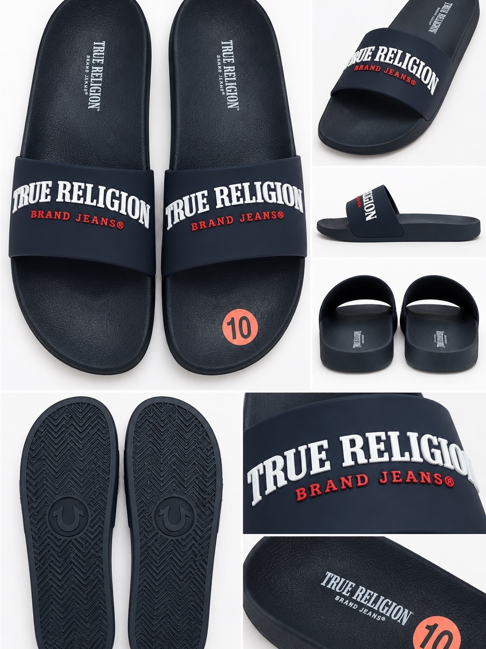 True Religion Navy Slides with White and Red Logo